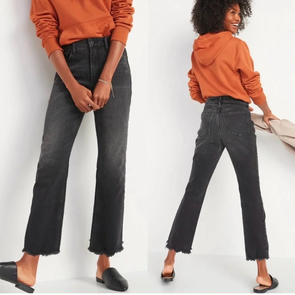 Old Navy High-Waisted Flare Ankle Jeans Size 12 Black Raw Hem - Picture 1 of 7